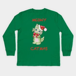 Meowy Catmas stripped tabby cat with santa hat Kids Long Sleeve T-Shirt